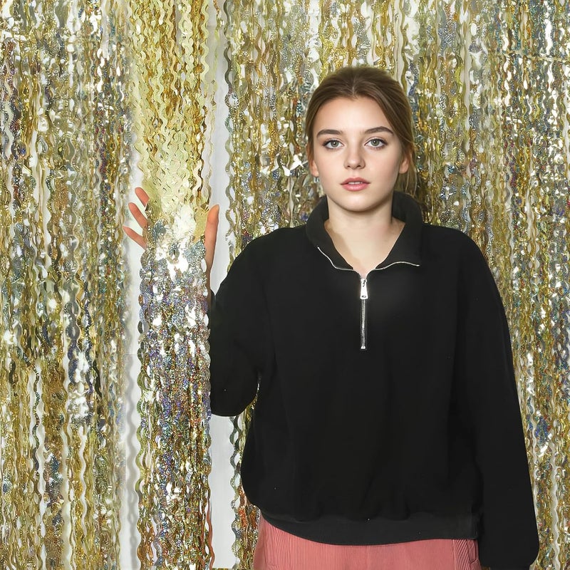 KEEUH 4 Pack Wavy Sparkle Champagne Gold Metallic Tinsel Foil Fringe Curtains Photo Booth Backdrop | Gold Streamer Backdrop for Holiday Celebration Bachelorette Party Decorations - Image 4